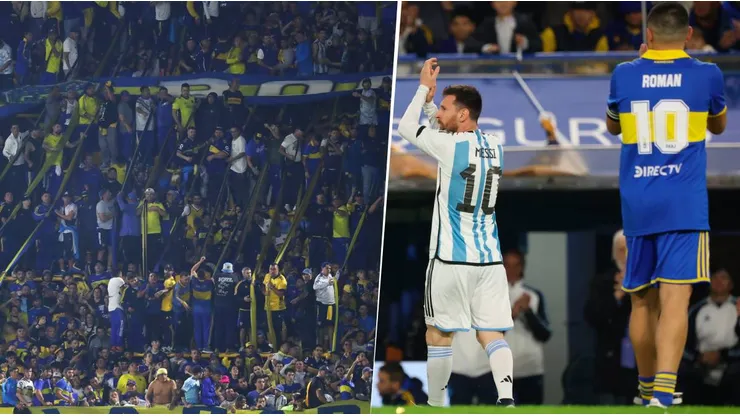 El Jugador Número 12 le pidió a Lionel Messi que se ponga la camiseta de Boca durante el partido homenaje de Juan Román Riquelme. Getty Images.