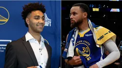 Trayce Jackson-Davis y Stephen Curry.