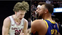 Brandin Podziemski, Klay Thompson y Stephen Curry.