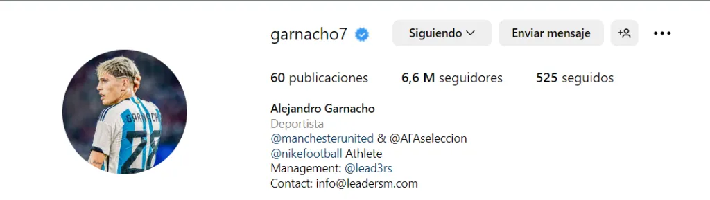 La nueva foto de perfil de Alejandro Garnacho en Instagram.