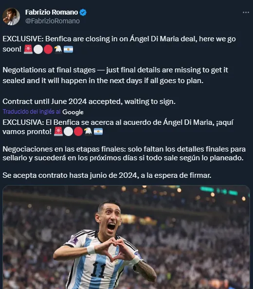 Di María regresará a Benfica (Twitter @FabrizioRomano)