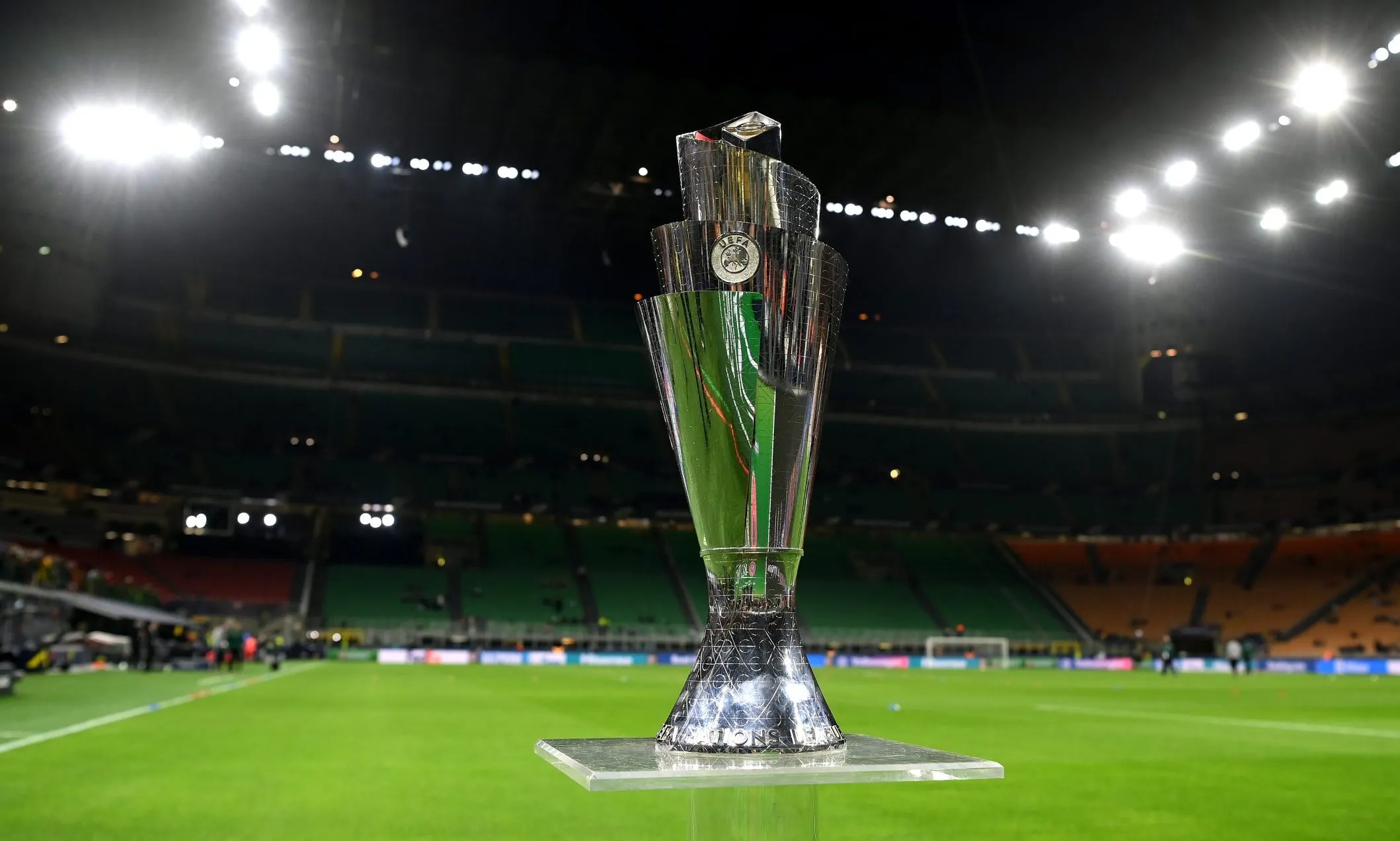 MILAN, ITALY – OCTOBER 10: Detailed view of the UEFA Nations League Trophy inside of the stadium ahead of the UEFA Nations League 2021 Final match between Spain and France at San Siro Stadium on October 10, 2021 in Milan, Italy. (Photo by Mike Hewitt/Getty Images)