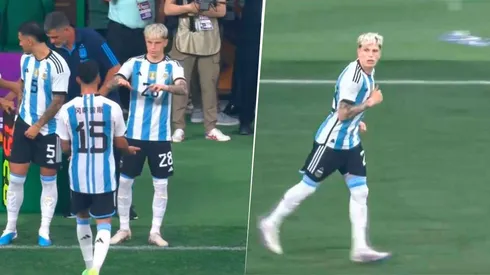 Lo primero que hizo Alejandro Garnacho en la Selección Argentina mayor fue pasarle la pelota a Lionel Messi. Foto: Captura de transmisión TV Pública.