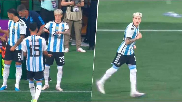 Lo primero que hizo Alejandro Garnacho en la Selección Argentina mayor fue pasarle la pelota a Lionel Messi. Foto: Captura de transmisión TV Pública.