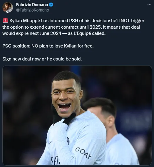 PSG no quiere perder a Mbappé gratis (Twitter @FabrizioRomano)