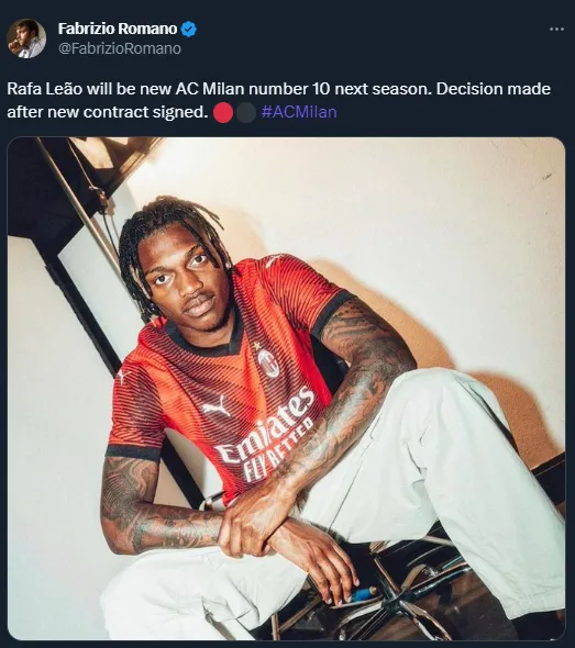 Fabrizio Romano revela que Rafael Leão usará el dorsal '10', que dejó Brahim Díaz en AC Milan.