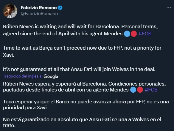 Rúben Neves, cerca de Barcelona (Twitter @FabrizioRomano).