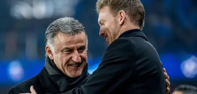Christophe Galtier y Julian Nagelsmann en el PSG vs. Bayern Munich que se jugó por los Octavos de Final de la UEFA Champions League. Getty Images.