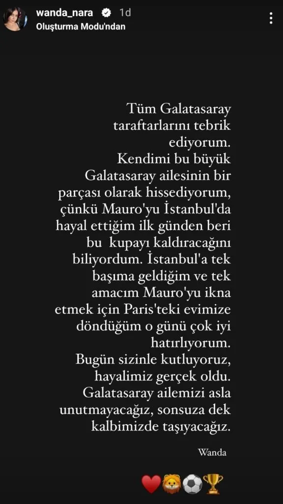 El mensaje de Wanda Nara de despedida de Turquía (Instagram @wanda_nara).