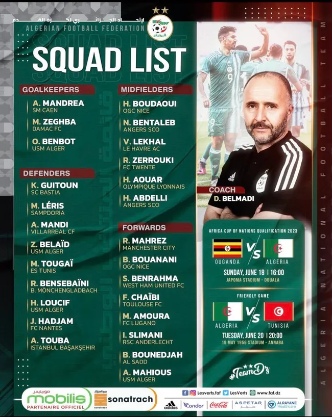 Lista de convocados de la selección de Argelia para la fecha FIFA de junio de 2023.