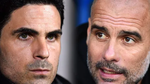 FILE PHOTO (EDITORS NOTE: COMPOSITE OF IMAGES - Image numbers 1202351530, 1182084551 - GRADIENT ADDED) In this composite image a comparison has been made between Mikel Arteta, Manager of Arsenal (L) and Pep Guardiola, Manager of Manchester City. Arsenal and Manchester City meet in a FA Cup Semi Final at Wembley Stadium on July 18,2020 in London,England. ***LEFT IMAGE*** BOURNEMOUTH, ENGLAND - JANUARY 27: Mikel Arteta, Manager of Arsenal looks on prior to the FA Cup Fourth Round match between AFC Bournemouth and Arsenal at Vitality Stadium on January 27, 2020 in Bournemouth, England. (Photo by Justin Setterfield/Getty Images) ***RIGHT IMAGE*** LONDON, ENGLAND - OCTOBER 19: Pep Guardiola, Manager of Manchester City looks on ahead of the Premier League match between Crystal Palace and Manchester City at Selhurst Park on October 19, 2019 in London, United Kingdom. (Photo by Alex Broadway/Getty Images)