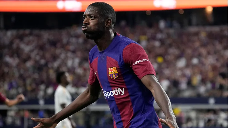ARLINGTON, TEXAS - JULY 29: Ousmane Dembélé #7 of FC Barcelona celebrates after scoring a goal during the first half of a pre-season friendly match against Real Madrid at AT&T Stadium on July 29, 2023 in Arlington, Texas. (Photo by Sam Hodde/Getty Images)
