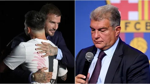 Lionel Messi, David Bekcham y Joan Laporta.