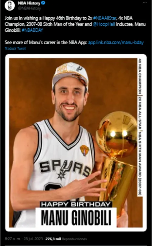 Invitacion de la NBA a festejar el cumpleaños de Manu (Foto: Twitter / @NBAHistory)