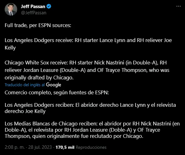 Intercambio de los Dodgers (Foto: Twitter / @JeffPassan)