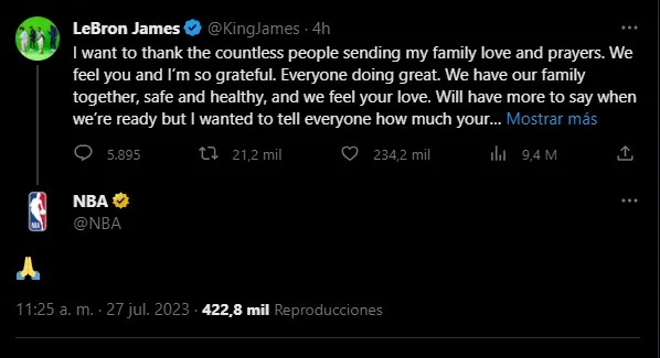 NBA le responde al mensaje de LeBron sobre Bronny (Foto: Twitter / @KingJames)