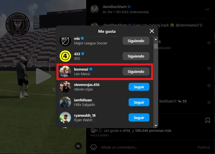 El like de Messi para Beckham (Foto: Instagram / @davidbeckham)