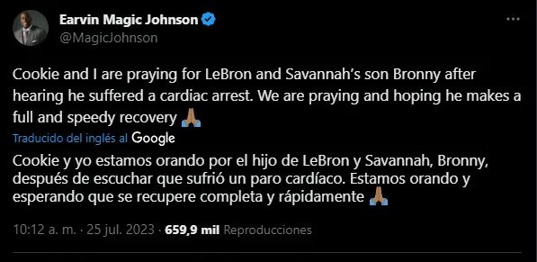 Mensaje de Magic para el hijo de LeBron (Foto: Twitter / @MagicJohnson)