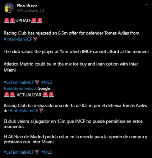 Racing rechazó la oferta de Inter Miami por Avilés (Foto: Twitter / @NicoBravo_14)