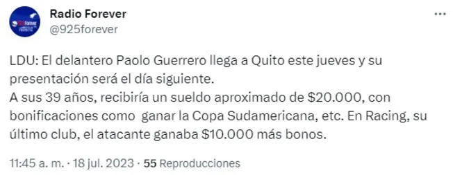 Radio Forever informó sobre el suelo de Paolo Guerrero. (Foto: Captura de X)
