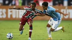 LIMA, PERU - APRIL 05: Keno of Fluminense fights for the ball with Jhilmar Lora of Sporting Cristal during a Copa CONMEBOL Libertadores 2023 group D match between Sporting Cristal and Fluminense at Estadio Nacional de Lima on April 05, 2023 in Lima, Peru. (Photo by Daniel Apuy/Getty Images)
