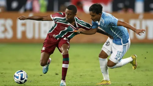 LIMA, PERU - APRIL 05: Keno of Fluminense fights for the ball with Jhilmar Lora of Sporting Cristal during a Copa CONMEBOL Libertadores 2023 group D match between Sporting Cristal and Fluminense at Estadio Nacional de Lima on April 05, 2023 in Lima, Peru. (Photo by Daniel Apuy/Getty Images)
