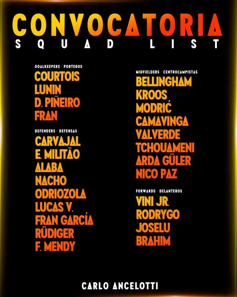 Convocados por Carlo Ancelotti para la gira del Real Madrid. Twitter Real Madrid.
