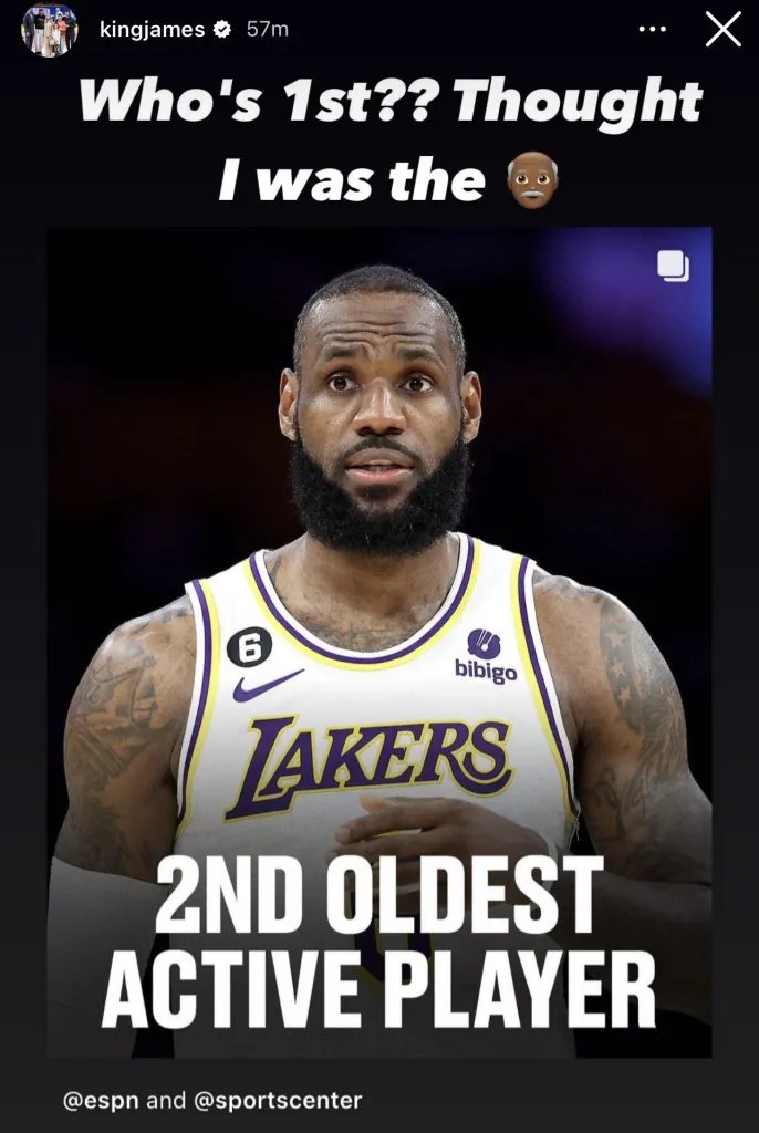 Reaccion de LeBron al ser el segundo jugador más viejo (Foto: @kingjames)