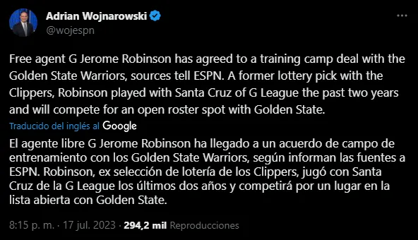 Warriors firmó a un base (Foto: Twitter / @wojespn)