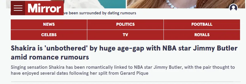 Noticia sobre Shakira y Jimmy Butler en The Mirror (Foto: https://www.mirror.co.uk)