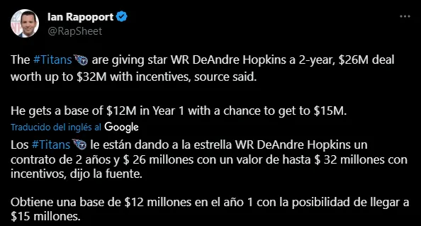 DeAndre Hopkins sera nuevo jugador de los Titans (Foto: Twitter / @RapSheet)