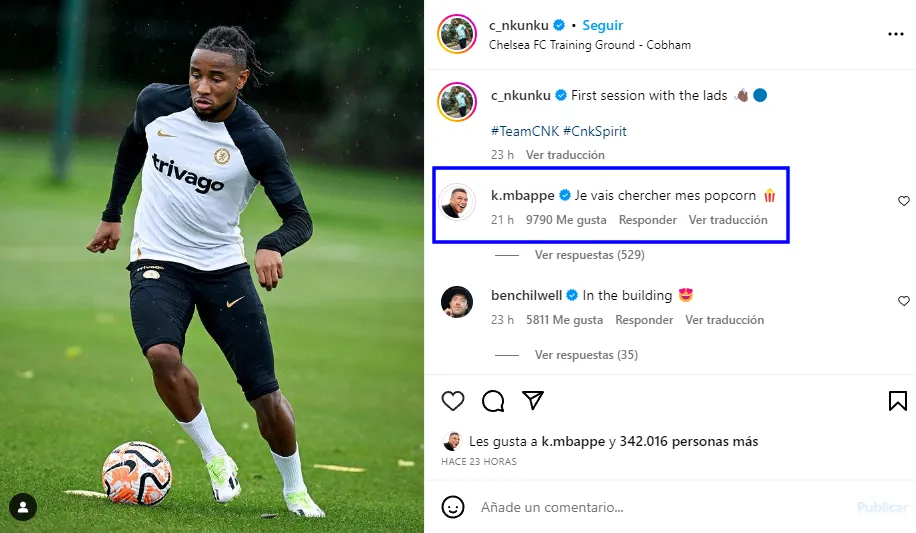 El comentario de Mbappé a Nkunku (Instagram @c_nkunku).