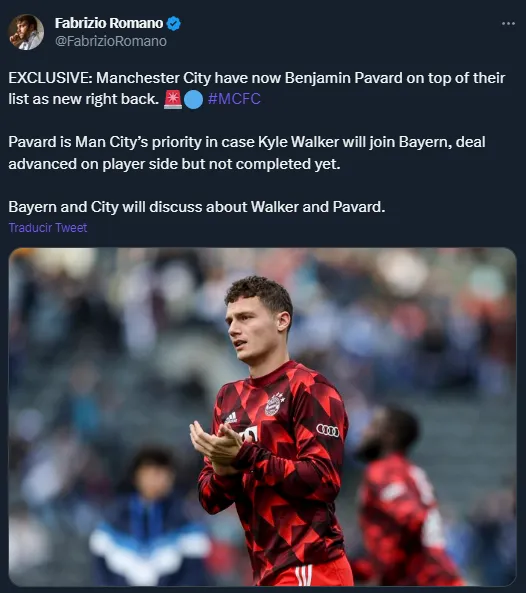 Pavard, en la mira de Manchester City (Twitter @FabrizioRomano).