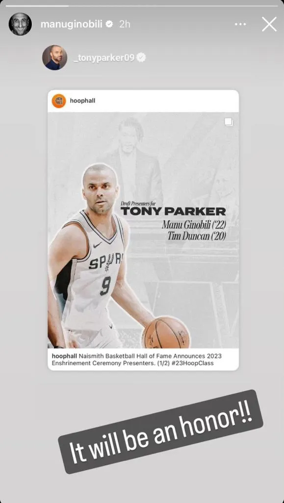 Reaccion de Manu al poder presentar a Paker al Salón de la Fama (Foto: Instagram / @manuginóbili)