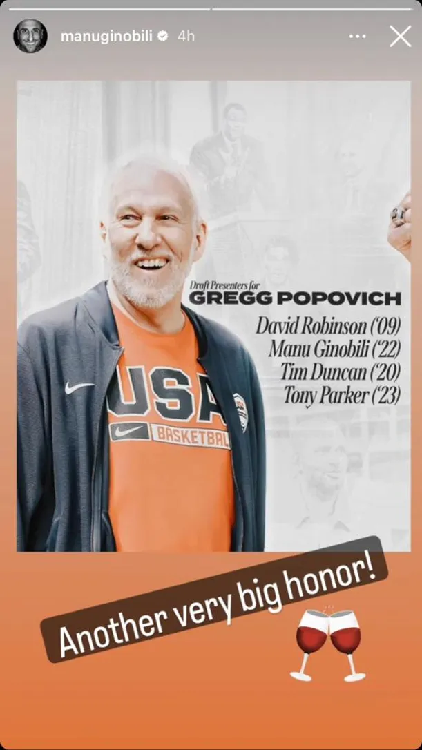 Reaccion de Manu al poder acompañar a Popovich al Salón de la Fama (Foto: Instagram / @manuginóbili)