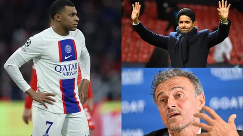 Kylian Mbappé, Nasser Al-Khelaifi y Luis Enrique.
