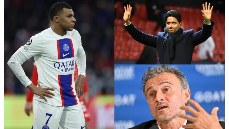 Kylian Mbappé, Nasser Al-Khelaifi y Luis Enrique.