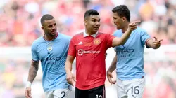 LONDON, ENGLAND - JUNE 03: Casemiro of Manchester United gestures next to Rodri of Manchester City during the Emirates FA Cup Final between Manchester City and Manchester United at Wembley Stadium on June 03, 2023 in London, England. (Photo by Shaun Botterill/Getty Images)