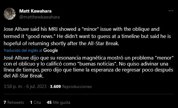 Nueva lesión de José Altuve (Foto: Twitter / @matthewkawahara)