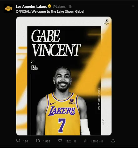 Gabe Vincent nuevo jugador de Lakers (Foto: Twitter / @lakers)