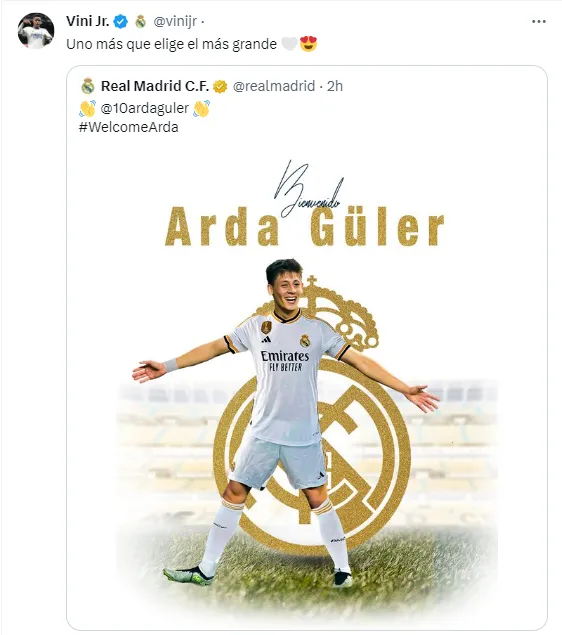 El tuit de Vinícius Júnior.