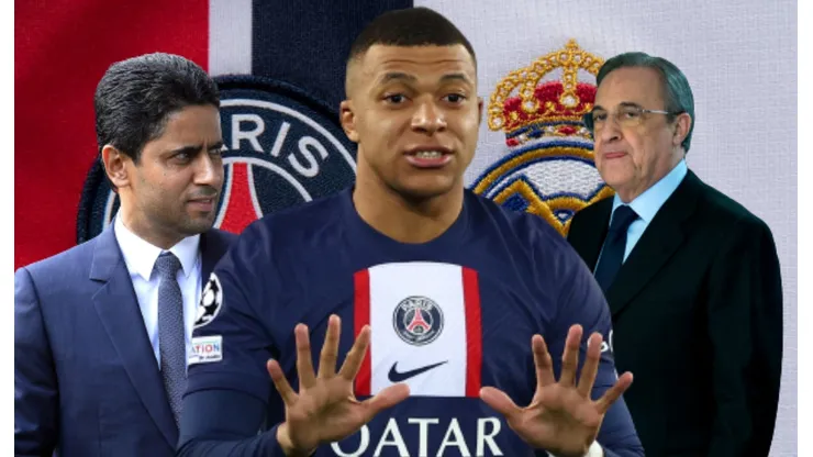 Nasser Al-Khelaifi, Kylian Mbappé y Florentino Pérez.