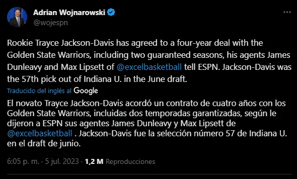 Trayce Jackson-Davis, nuevo refuerzo de Warriors (Twitter / @wojespn)