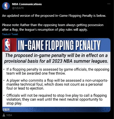 Regla de la NBA contra simulaciones (Foto: Twitter / @NBAPR)