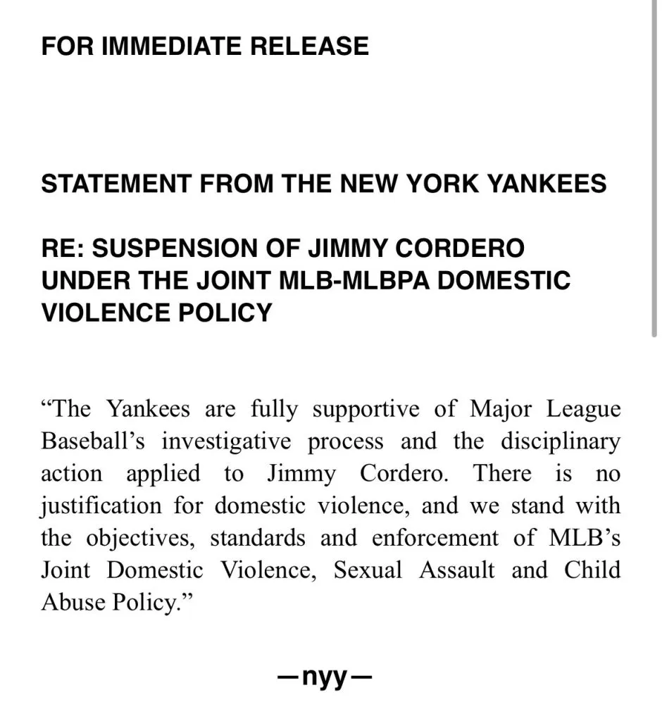 Respuesta de Yankees a suspension de Jimmy Cordero (Foto: Twitter &amp;/ @BryanHoch)