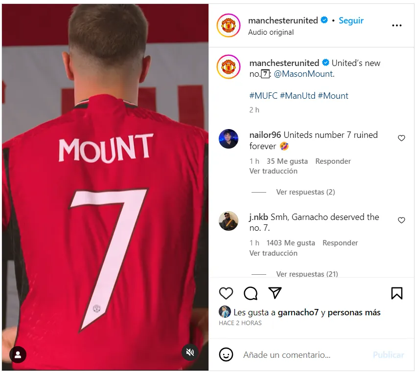 La reacción en Instagram de Alejandro Garnacho a la entrega del dorsal 7 del Manchester United a Mason Mount.