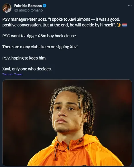 La situación de Xavi Simons (Twitter @FabrizioRomano).