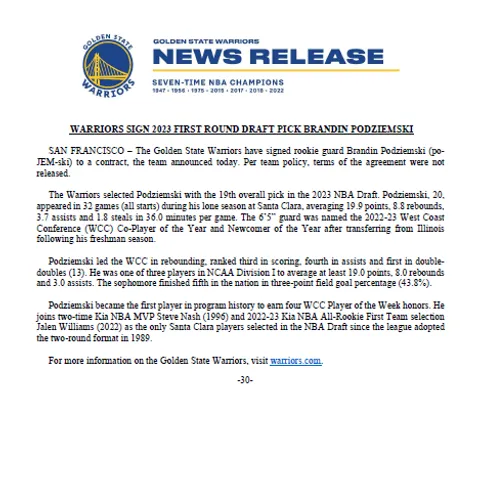 Warriors anunció firma de Brandin Podziemski (Foto: Twitter / @WarriorsPR)