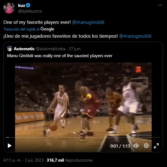 Mensaje de Kuzma para Manu Ginóbili (Foto: Twitter / @kylekuzma)
