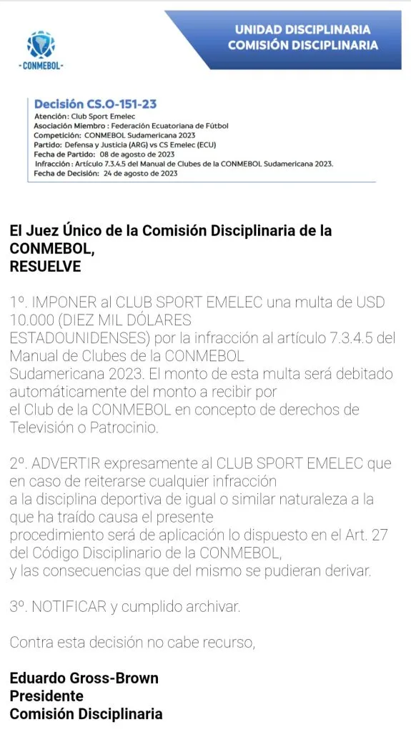 Multa de Conmebol a Emelec.